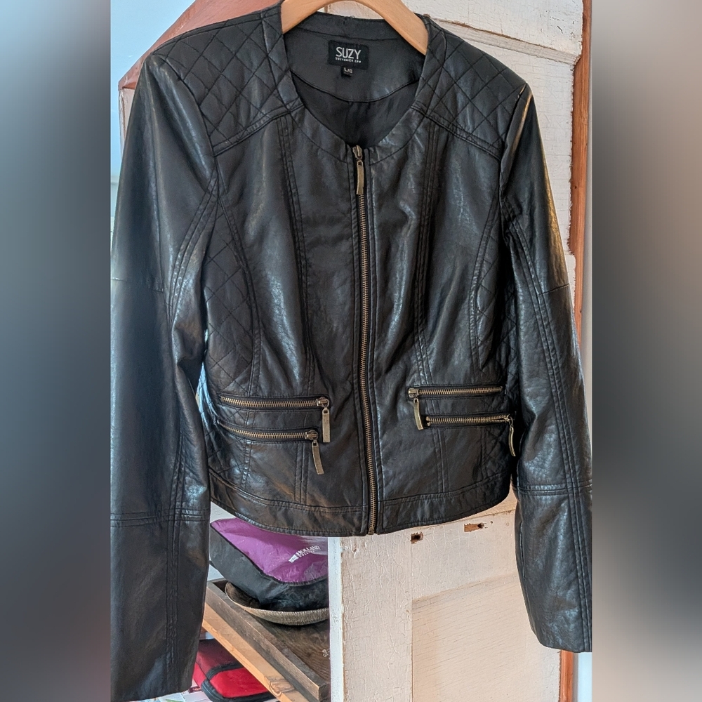 Suzy Shier Quilted Black Pleather Jacket